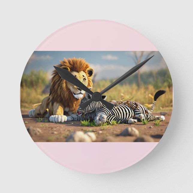 Relógio Redondo 3D Cartoon Lion Eating Zebra – Wild Savannah Scene (Frente)