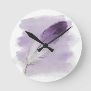 Relógio Redondo 3D Impasto Aquarela Pena Roxa Boho Moderna