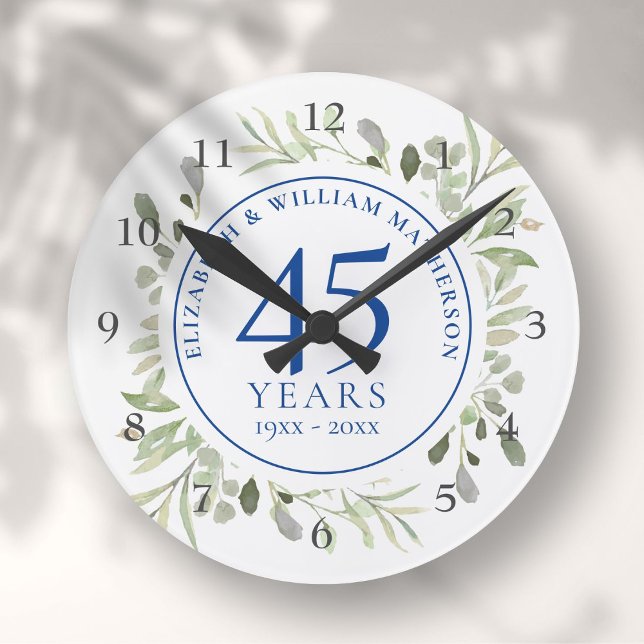 Relógio Redondo 45º aniversário da Quarta-Feira Greenery (45th 65th Wedding Anniversary Greenery Round Clock)