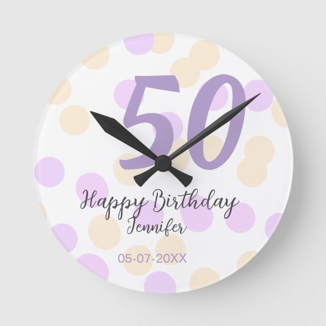 Relógio Redondo 50th birthday add name date purple orange polkadot (Frente)