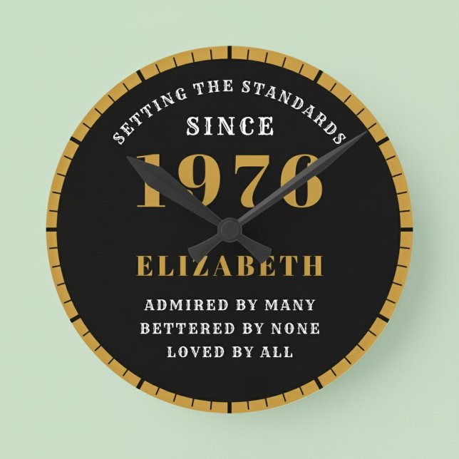 Relógio Redondo 50th Birthday Born 1976 Black Gold (Born 1976 standards birthday clock. Pastel background.)