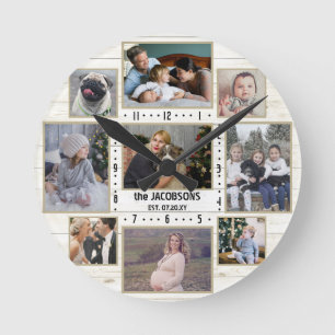 Relógio Redondo 9 Família Fotografia Nome Colagem Leve Farmhouse 