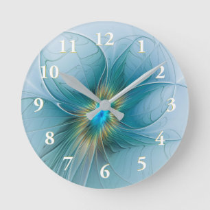 Relógio Redondo A pequena Flor Fractal Azul Ouro Moderna Beleza