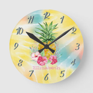 Relógio Redondo Abacaxi, Hibisco Aquarela Arco-íris Tie Dye