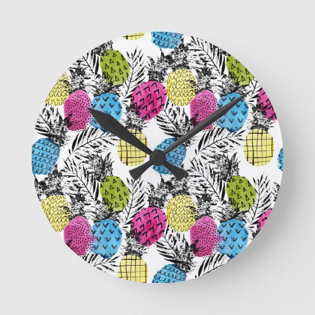 Relógio Redondo Abacaxis De Arte pop E Folhas De Palma (Frente)