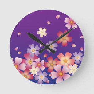 Relógio Redondo Abaixo de Sakura Flores de Azul e Roxo Japonês