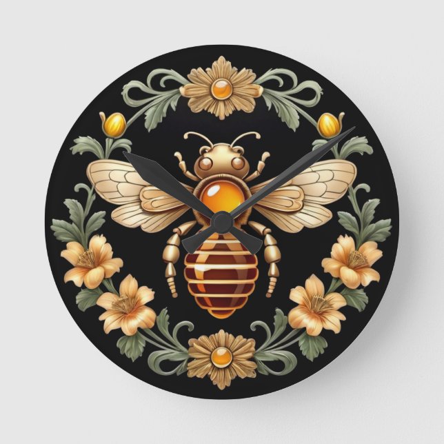 Relógio Redondo Abelha Art Nouveau em Preto (Frente)