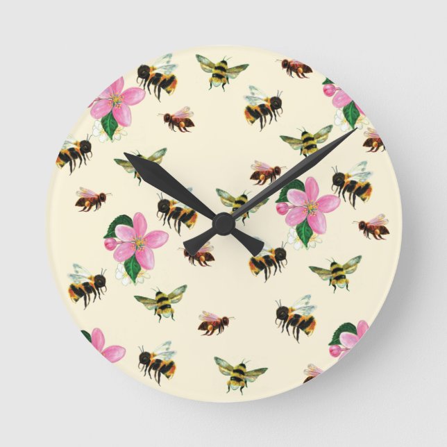 Relógio Redondo Abelhas e espécimes do gênero Bombus spp. e flores (Frente)