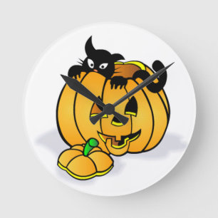 Relógio Redondo Abóbora de Halloween com Gato Negro