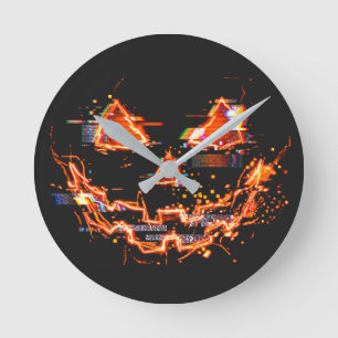 Relógio Redondo Abóbora de Neon com Falhas Cibernéticas no Hallowe
