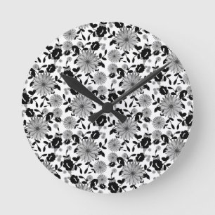 Relógio Redondo Abstrato Cinzas brancas pretas Florestas Design