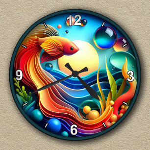 Relógio Redondo Abstrato de Peixes Betta Vibrantes Personalizáveis