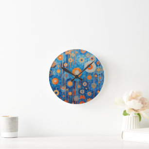 Relógio Redondo Abstrato em floral Azul e Laranja