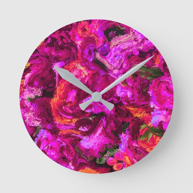 Relógio Redondo Abstrato em Púrpura, Laranjas e Verdes (Frente)