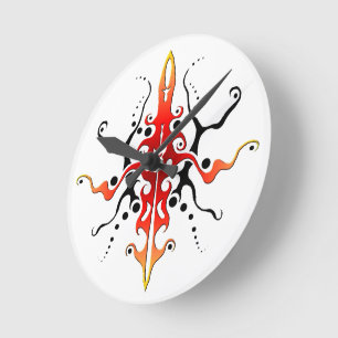 Relógio Redondo Abstrato Mask Tribal Tattoo Design - vermelho