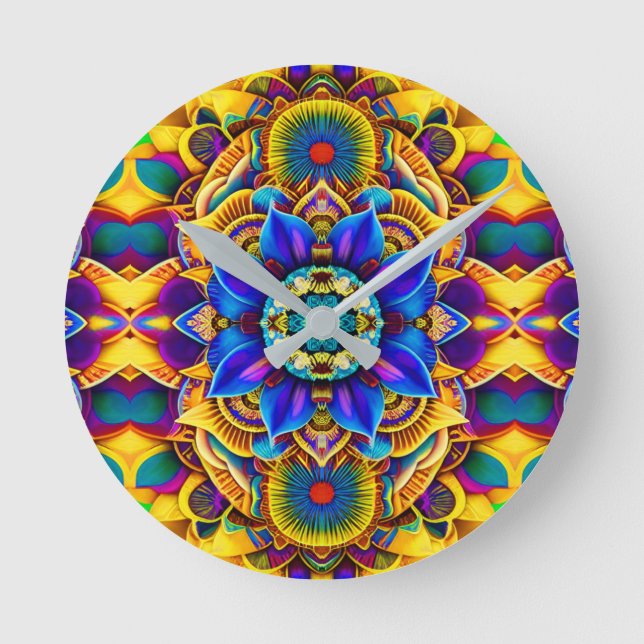 Relógio Redondo Acento Azul Sol Mandala (Frente)