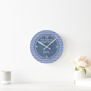 Relógio Redondo Acrílico de Xadrez Azul e Branco personalizado, de