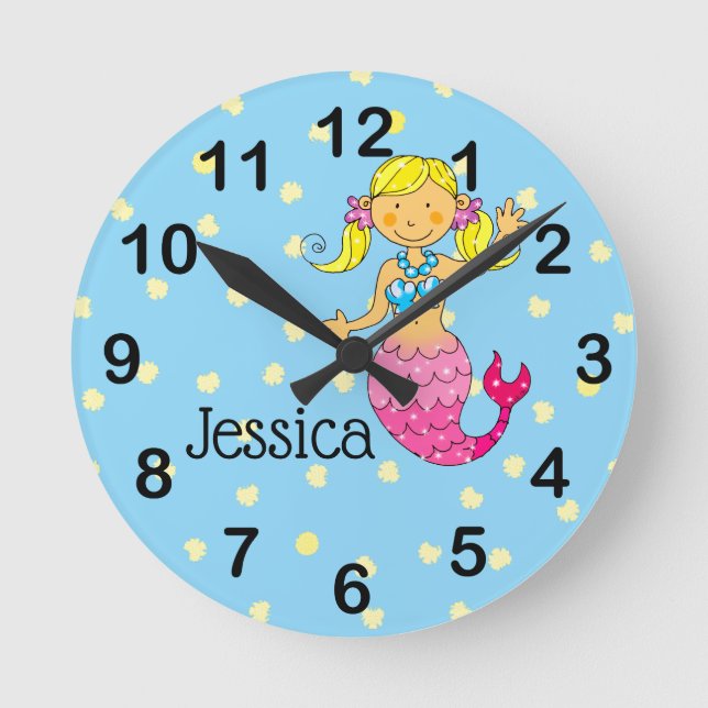 Relógio Redondo add name - princesa rosa sereia (cabelos loiros) (Frente)