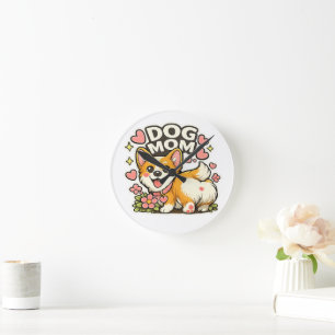 Relógio Redondo Adesivo de Corgi Mãe de Cachorro Fofo Kawaii Flor,