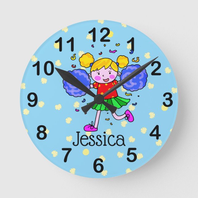 Relógio Redondo adicionar nome - garota fofa do cheerleader (Frente)
