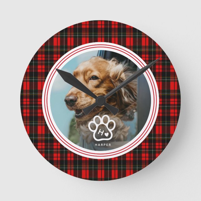 Relógio Redondo Adicione a Foto Monograma Nome Tartan de Seu Cacho (Frente)
