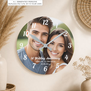Relógio Redondo Adicione sua própria foto de casal 1º aniversário 