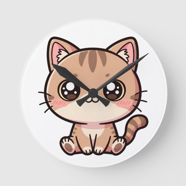 Relógio Redondo Adorable Kawaii Cat Chibi Illustration (Frente)