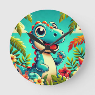 Relógio Redondo Adorável Dinossauro de Desenho Animado em Meio a T