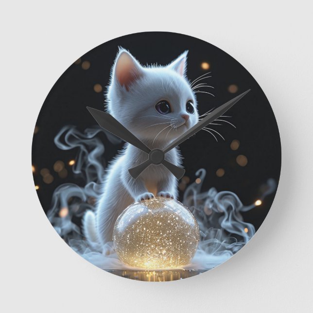 Relógio Redondo Adorável gatinho branco com brilho místico (Frente)