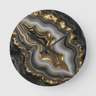 Relógio Redondo Ágata Geodo de Mármore Luxo Dourado Preto