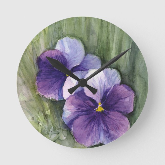 Relógio Redondo Aguarela roxa da viola dos Pansies (Frente)