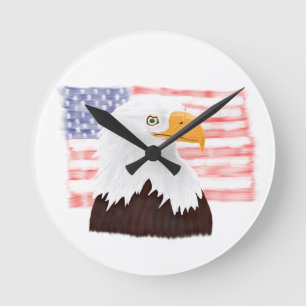 Relógio Redondo Águia Balda Americana e Bandeira - branco transpa