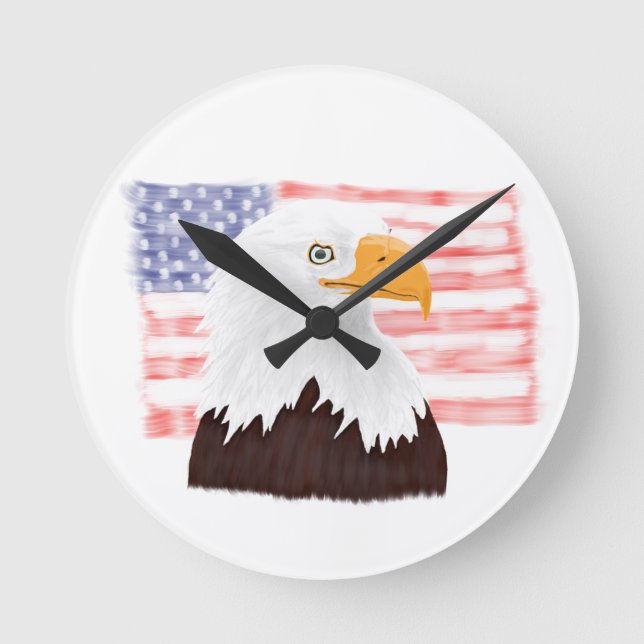 Relógio Redondo Águia Balda Americana e Bandeira - branco transpar (Frente)