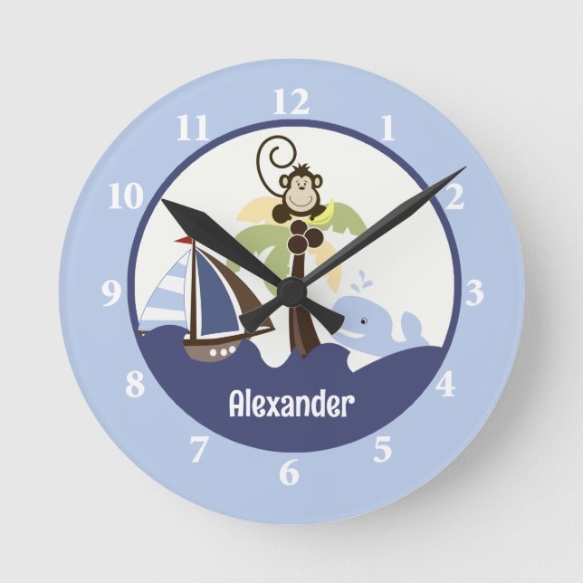 Relógio Redondo Ahoy Mate Monkey Whale Clock Adicionar um Nome (Frente)