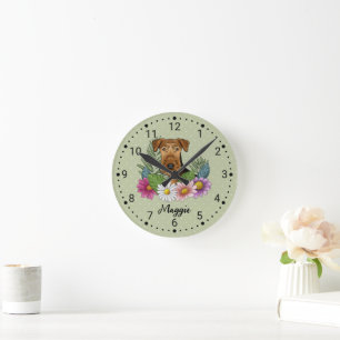 Relógio Redondo Airedale Terrier Dog Head Com Flores E Nome