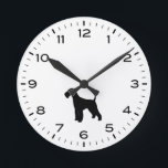 Relógio Redondo Airedale Terrier Dog Silhouette<br><div class="desc">Um relógio de parede divertido para casa ou escritório. Faz um presente original para amantes de Airedale Terrier. Veja o Doodle World de Jenn para mais relógios decorativos e cães que criem a decoração doméstica.</div>