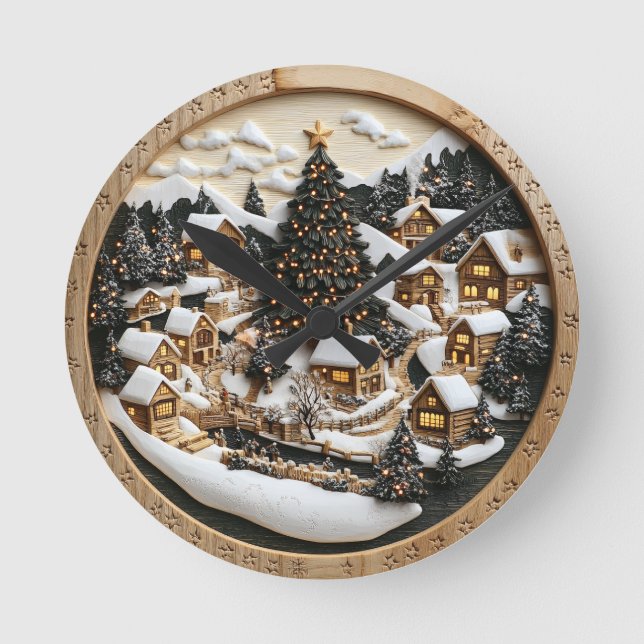 Relógio Redondo Aldeia de inverno soprando com luzes festivas (Frente)