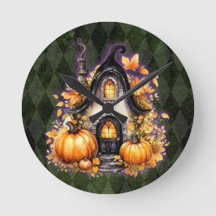 Relógio Redondo Algodão Gótico de Queda de Halloween Verde Argyle