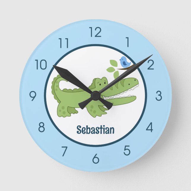 Relógio Redondo Alligator Crocodile Blue Bird Cute Jungle Nursery (Frente)