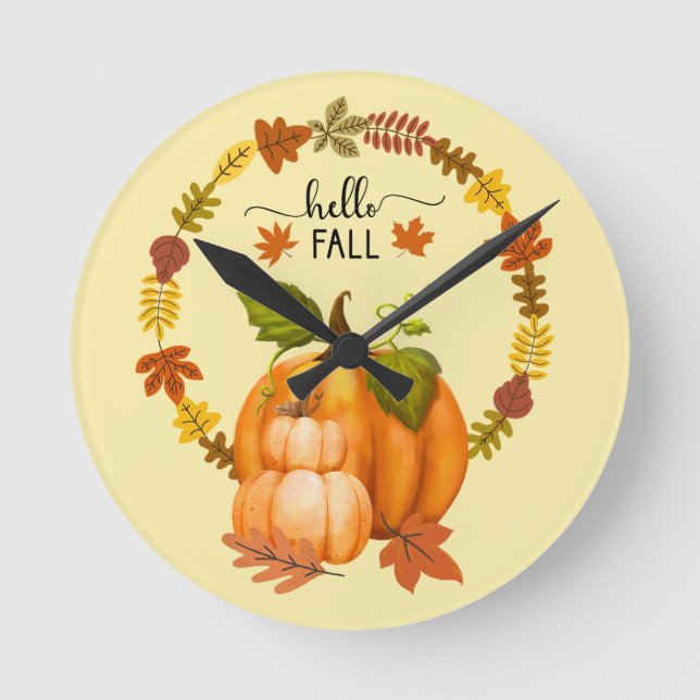 Relógio Redondo Alô Fall Autumn Deixa Pumpkins Wall Clock (Frente)