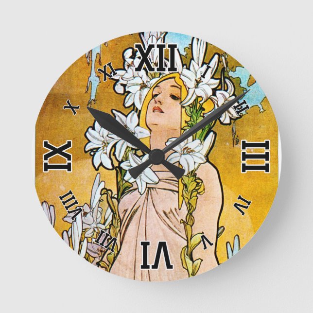 Relógio Redondo Alphonse Mucha - Lily - Fronteira Branca (Frente)