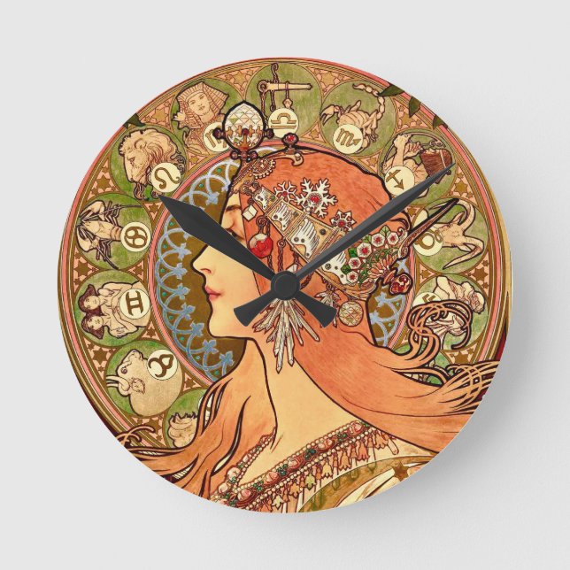 Relógio Redondo Alphonse Mucha - Zodíaco (Frente)