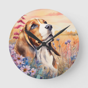 Relógio Redondo Amante de Cachorro Beagle com Prado de Flores Silv