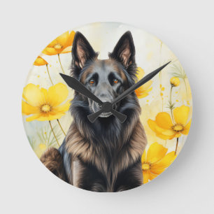 Relógio Redondo Amante de Cão Tervuren Belga e Papoulas