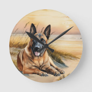 Relógio Redondo Amante do Cão Malinois Belga Praia Arenosa