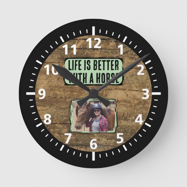 Relógio Redondo Amante do cavalo 1 foto verde-preto (Frente)