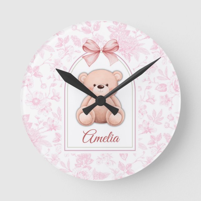 Relógio Redondo Amelia | Design de Enfermeiro de Urso Rosa Persona (Frente)