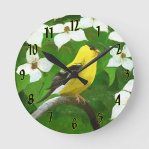 Relógio Redondo American Goldfinch em pintura de inverno - Pássaro