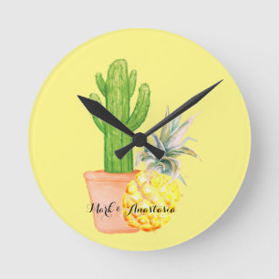 Relógio Redondo Ananás Amarelo de Amor Moderno e Cactus