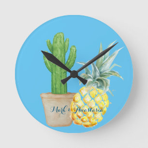 Relógio Redondo Ananás Azul e Cactus de Amor Moderno